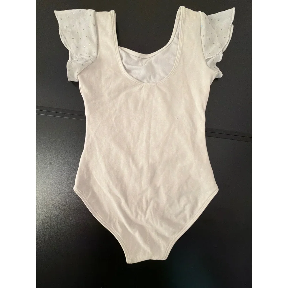 Bloch Leotard Girls S/M 8-10 White Excellent‎ Flutter Sleeve Rhinestone Ballet